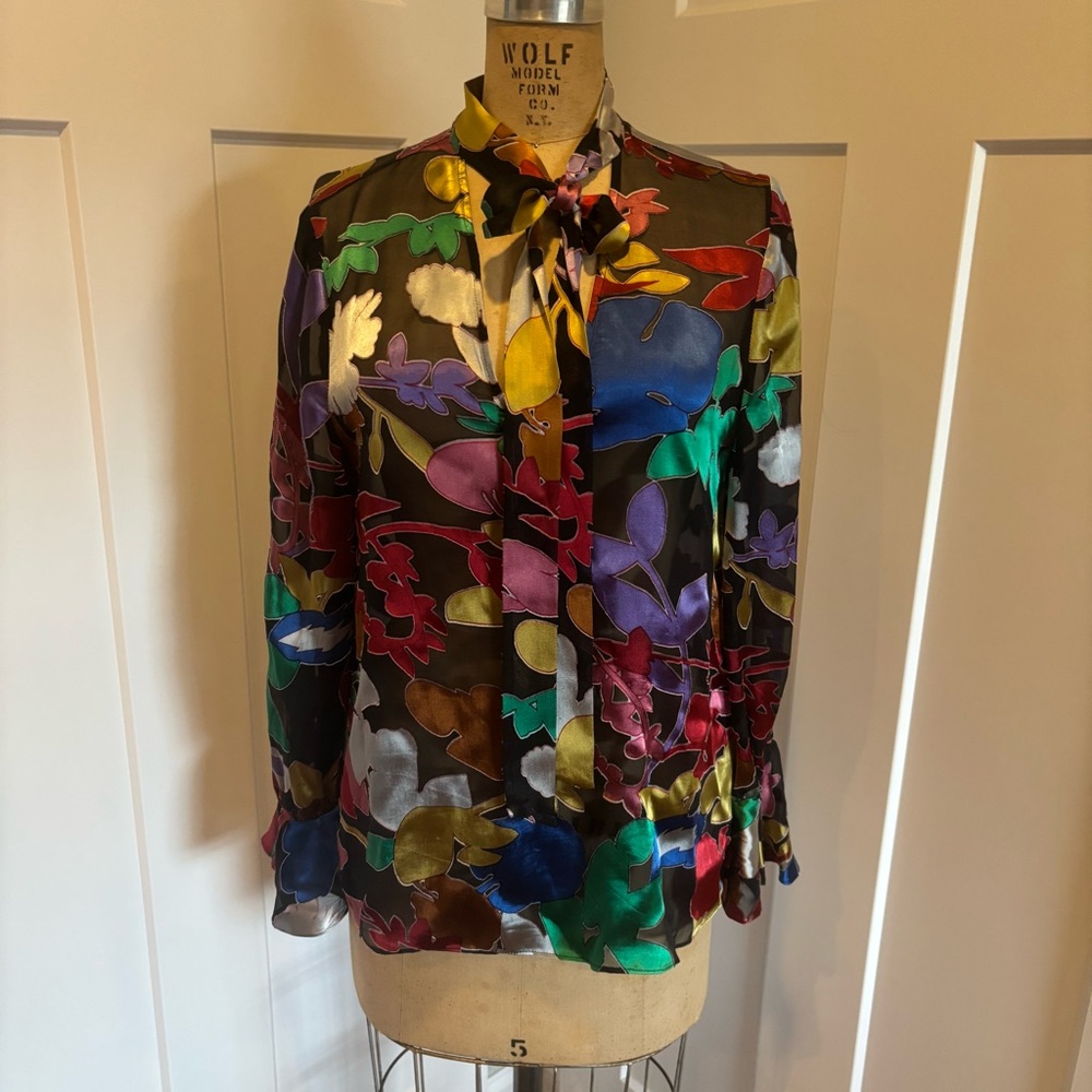 Alice + Olivia-SZ S Rainbow Mora Tie Neck Floral Embellished Sheer Scarf Blouse